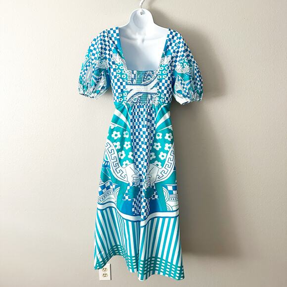 Celina Moon Queen of Hearts Blue Teal Puff Sleeve Midi Dress Women’s Size Medium - Picture 7 of 12